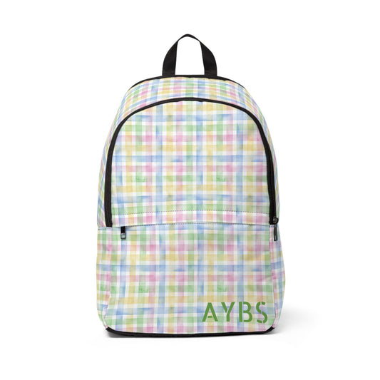 Unisex fabric backpack with pastel checkered pattern, lightweight and waterproof, featuring padded back panel and adjustable straps.