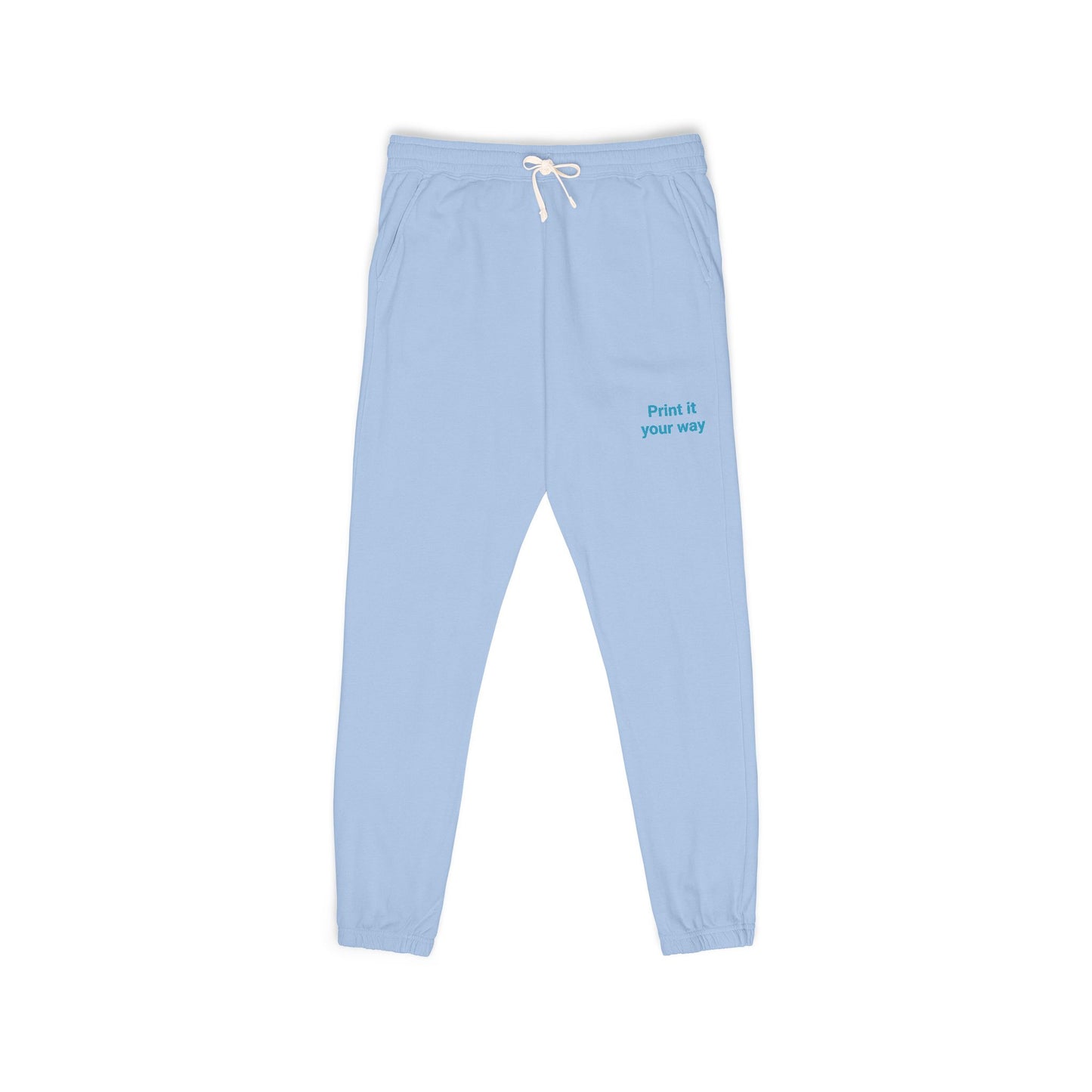 Light blue sweatpants with text on a white background