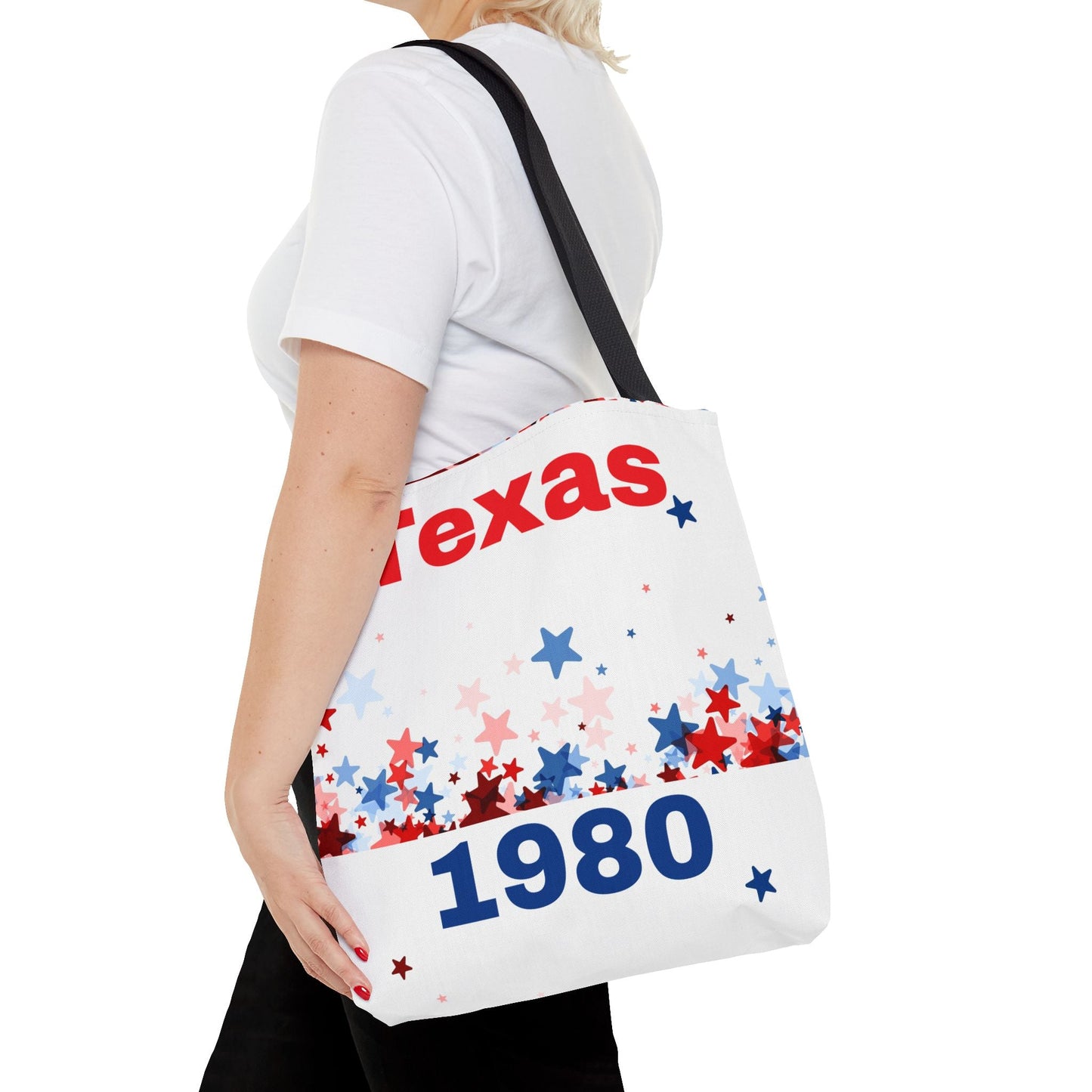 Woman carrying chic eco-friendly tote bag with Texas 1980 star design