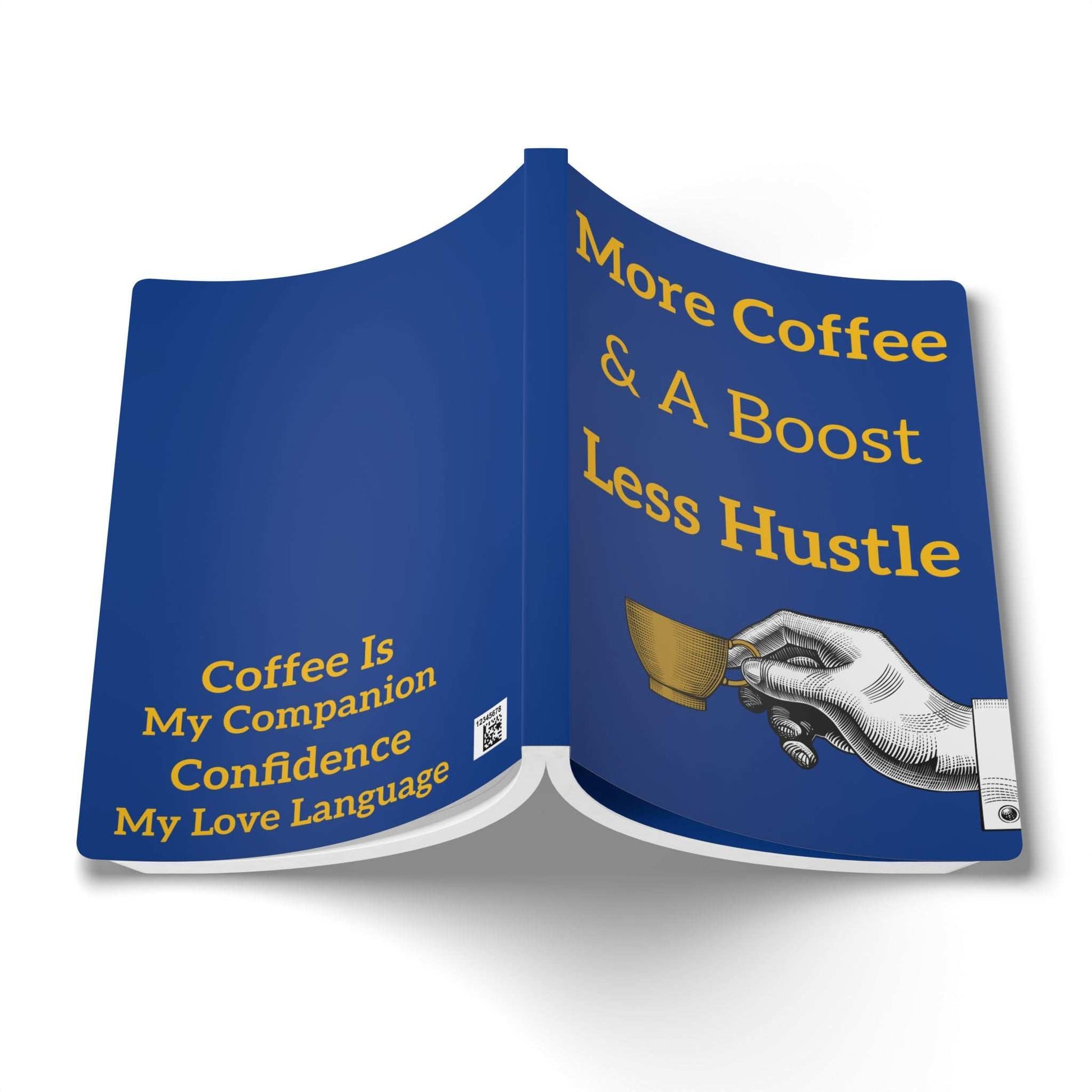 Coffee-themed softcover journal with vibrant blue cover, yellow text, and coffee cup illustration, perfect for note-taking and gifts.