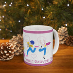 Get Your Groves On ceramic mug with colorful dancing figures and purple border on wooden table with pine cones and holiday lights background