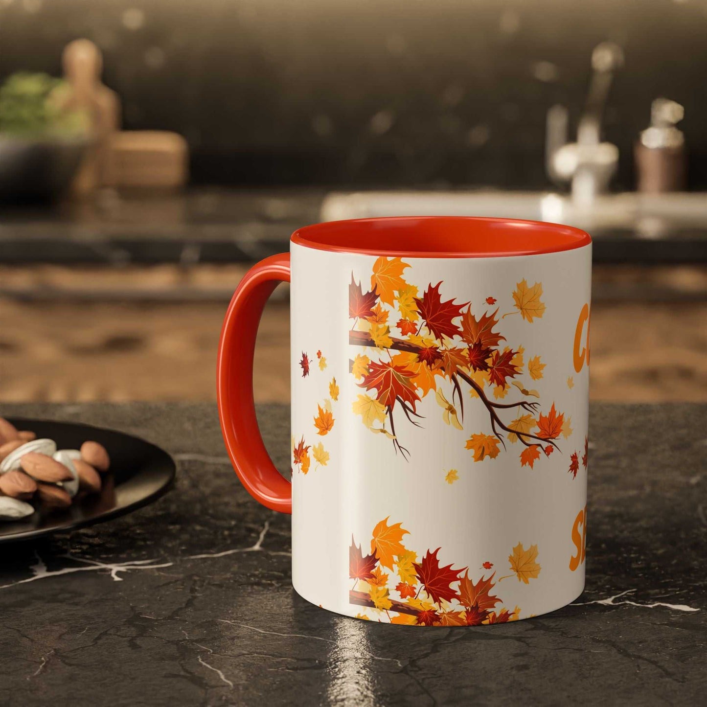 Fall cozy season mug with orange handle and autumn leaves design for hot beverages