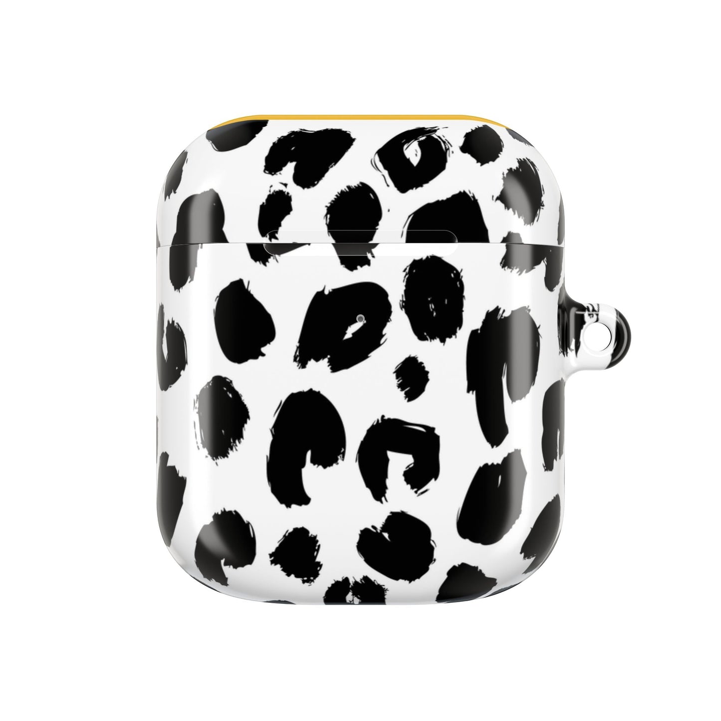 Black and white leopard print polycarbonate AirPod case with glossy finish and carabiner clip