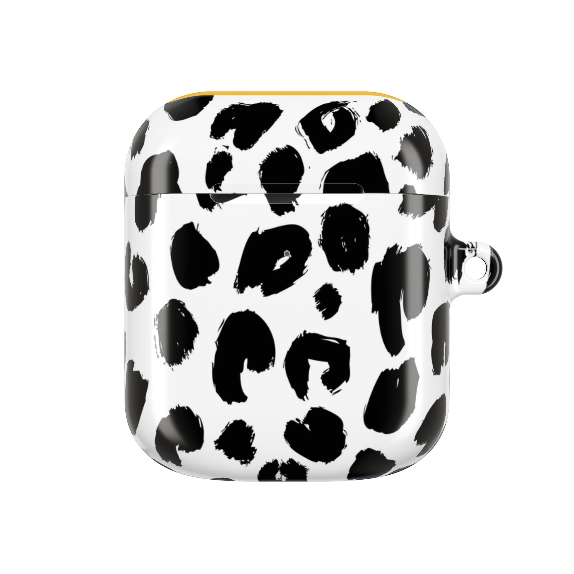 Black and white leopard print polycarbonate AirPod case with glossy finish and carabiner clip