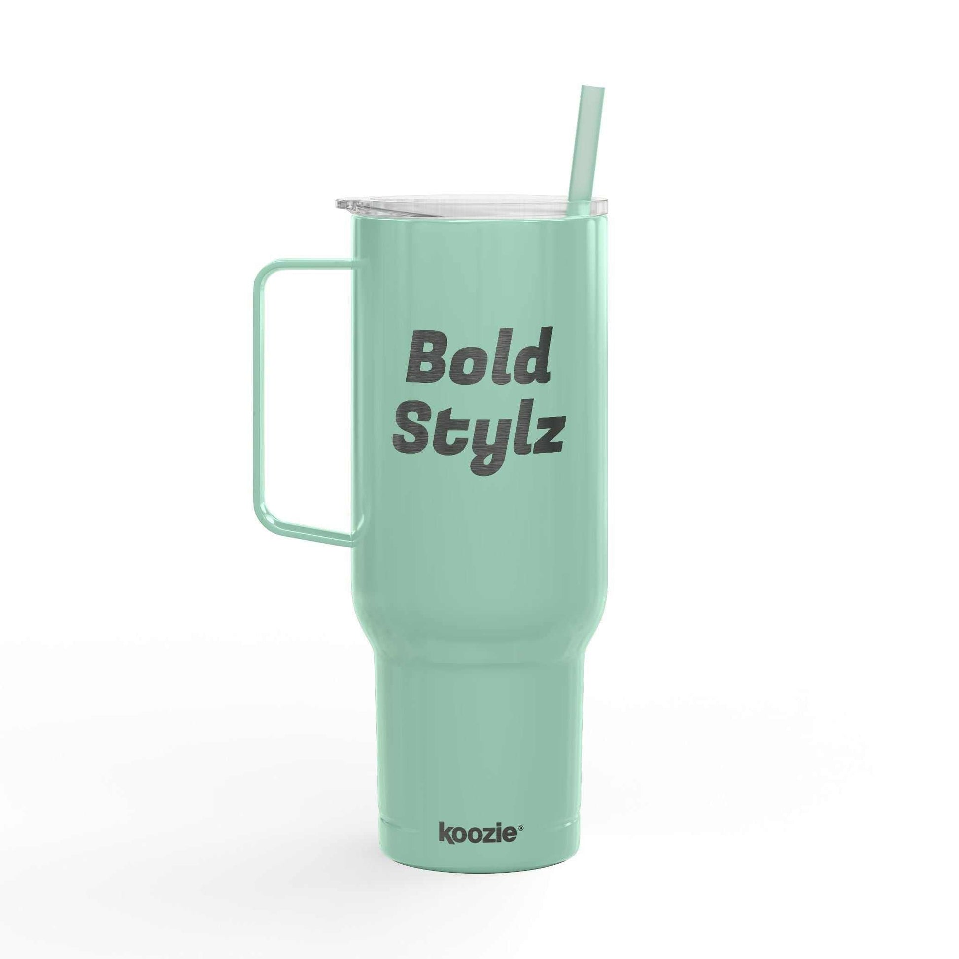 Light green engraved insulated tumbler with handle, press-fit lid, straw, 40oz capacity, eco-friendly travel mug