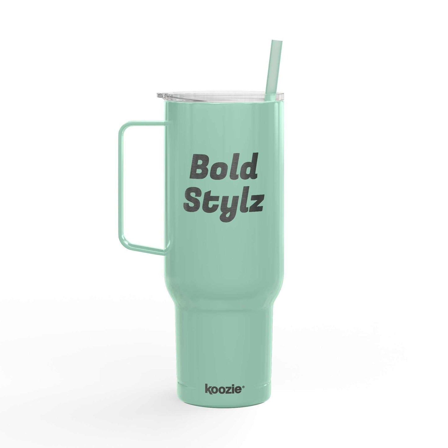 Light green engraved insulated tumbler with handle, press-fit lid, straw, 40oz capacity, eco-friendly travel mug