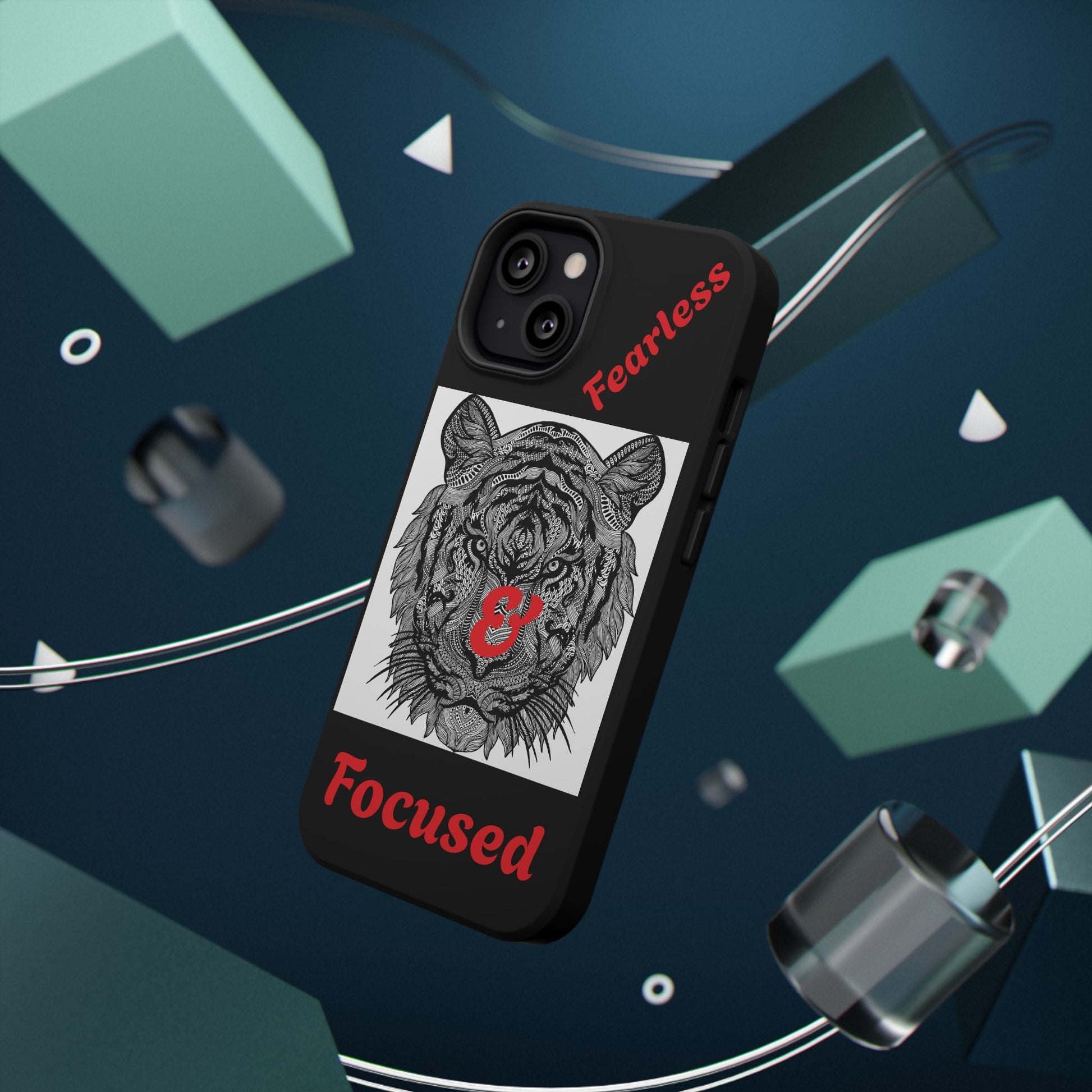 Black tiger phone case with fearless & focused red text and detailed tiger graphic, impact-resistant and stylish accessory