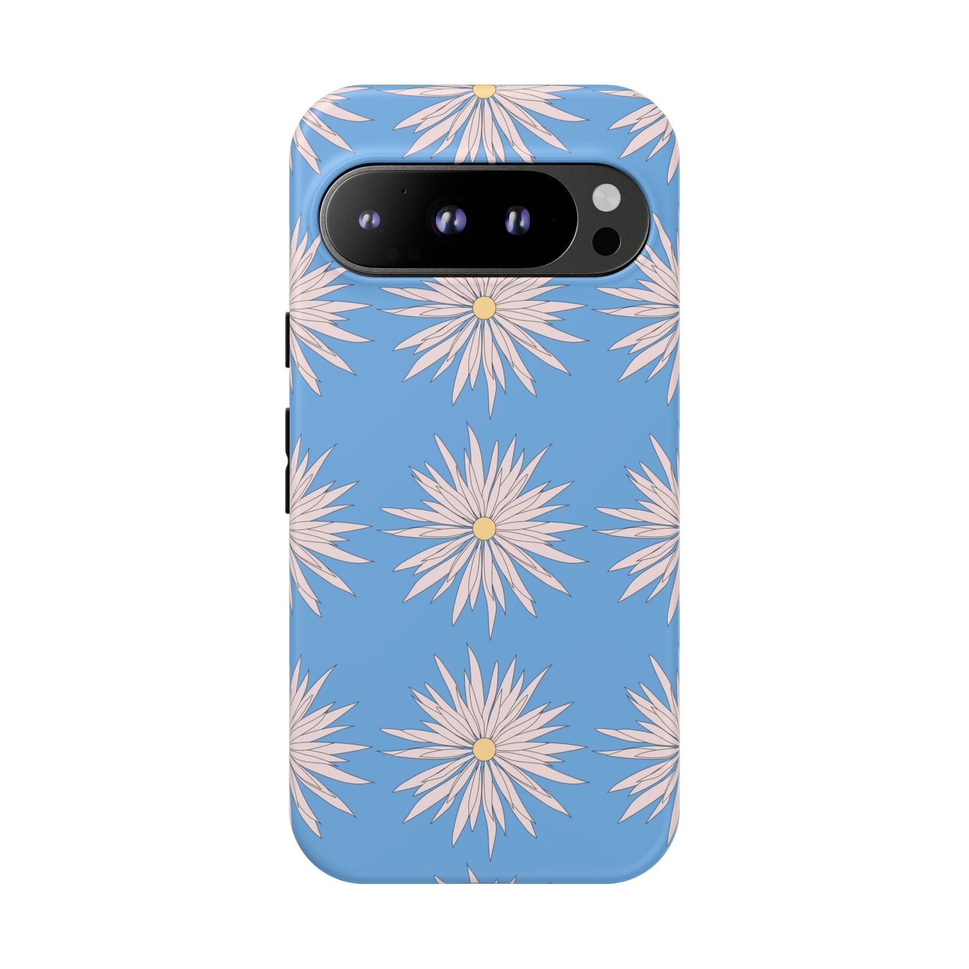 Daisy pattern phone case with pink flowers on blue background, durable and shock-resistant floral phone cover