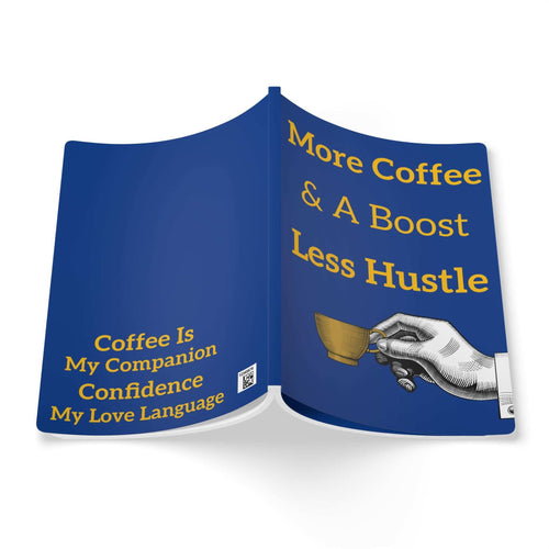 Coffee-themed softcover journal with motivational text and coffee cup illustration on vibrant blue cover