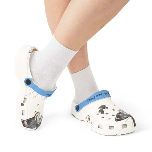 White Butterfly AOP EVA Foam Shoes with blue strap and butterfly print worn with white socks