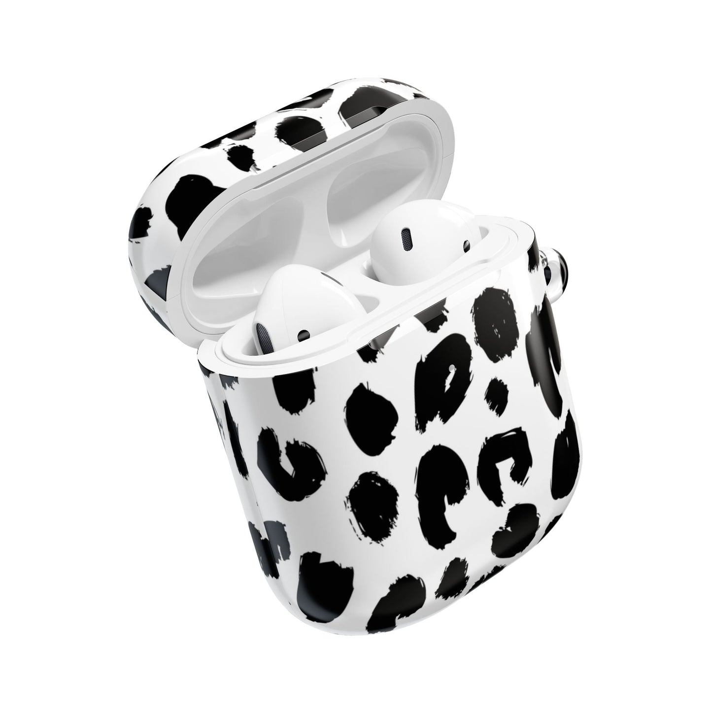 White AirPod case with black leopard spots, made of polycarbonate, slim and lightweight with gloss finish and carabiner included