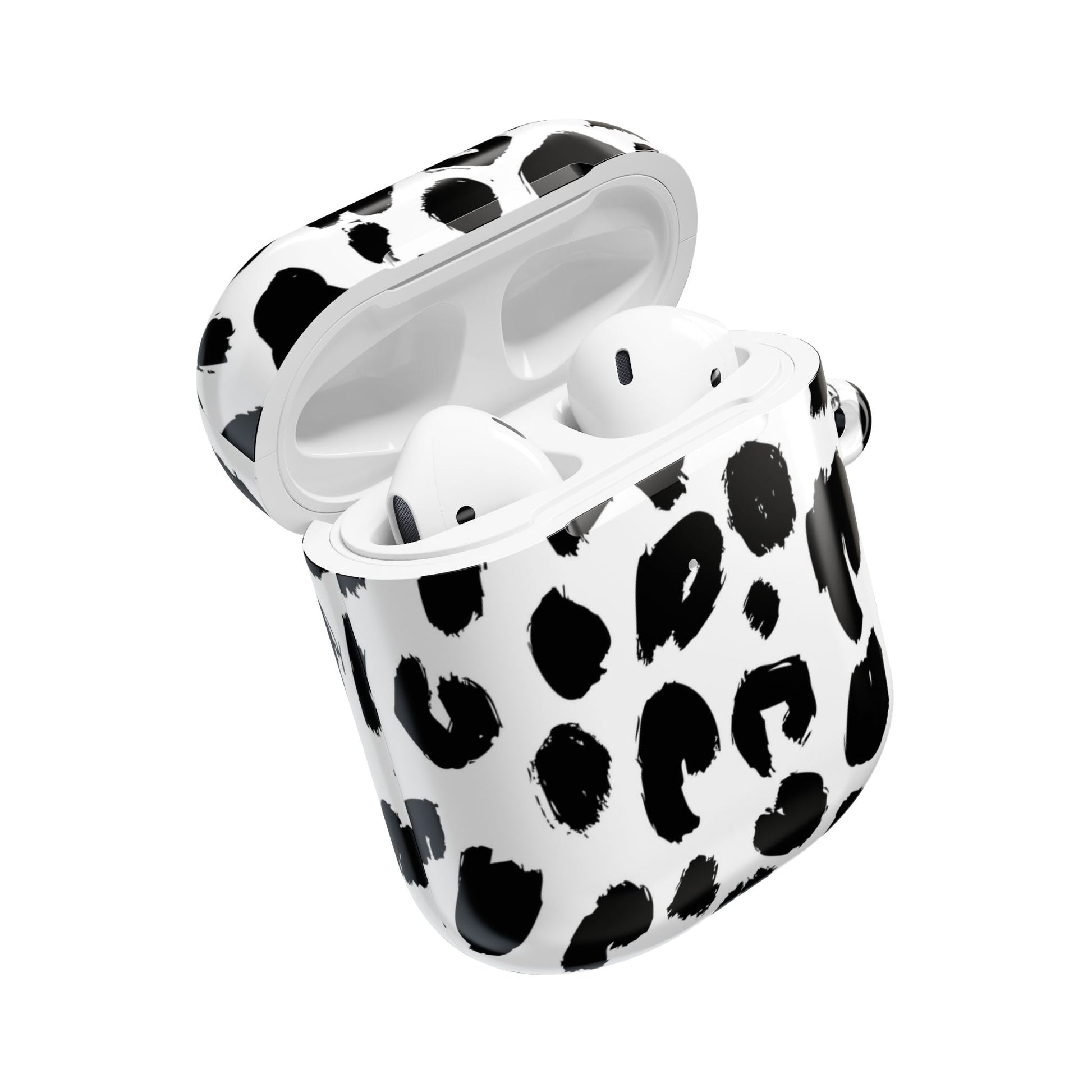 White AirPod case with black leopard spots, made of polycarbonate, slim and lightweight with gloss finish and carabiner included