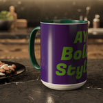 Colorful custom mug with purple exterior, green handle and interior, featuring bold green text, glossy ceramic finish on kitchen counter