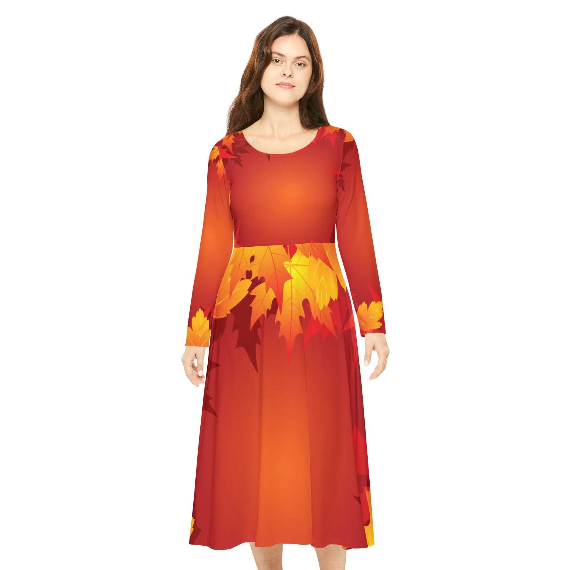 Fall-inspired women's long sleeve dance dress with autumn leaves design in vibrant orange and yellow colors