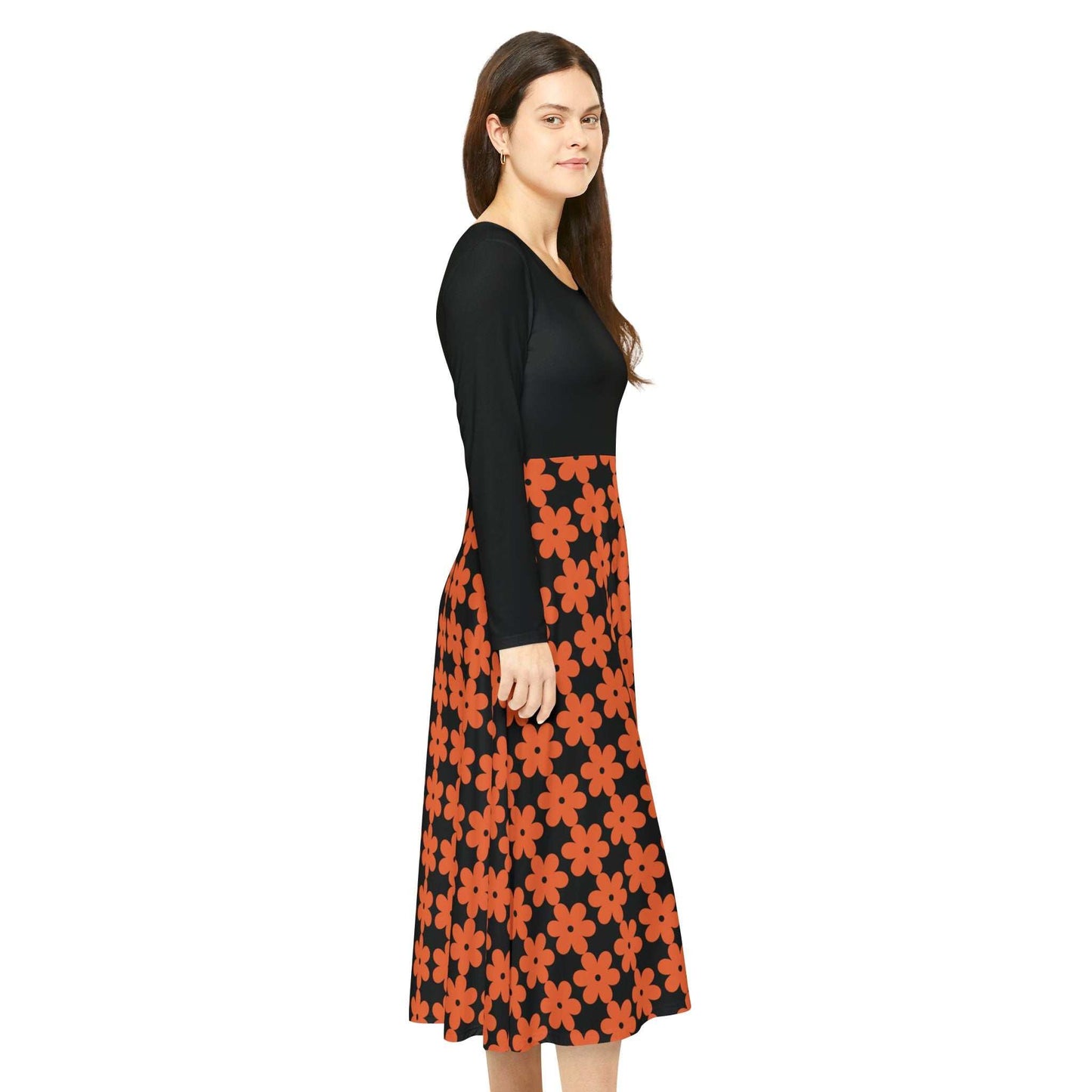 Women’s long sleeve dance dress with black top and orange floral skirt, regular fit and scoop neckline