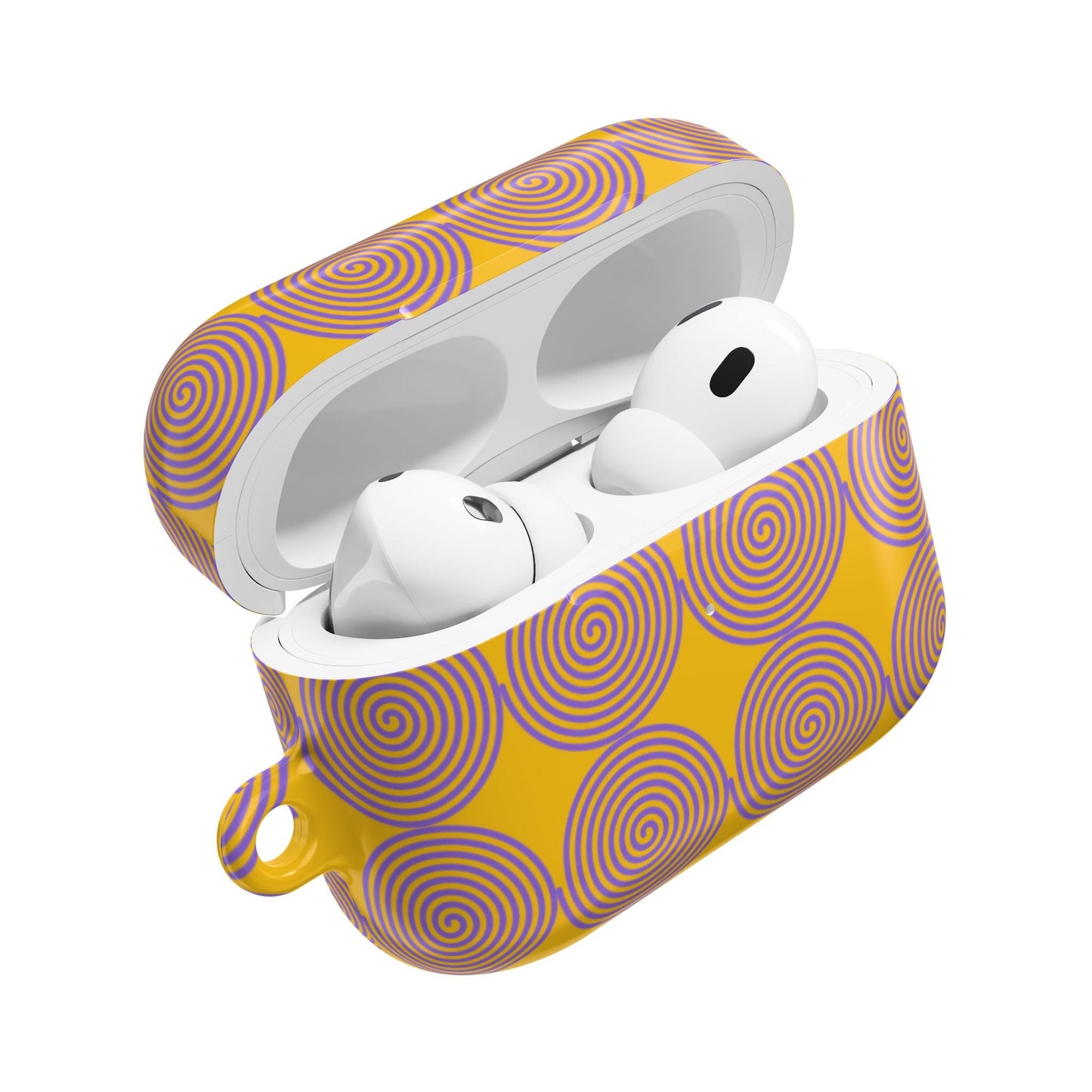 Slim polycarbonate AirPod case with yellow and purple spiral design and carabiner.