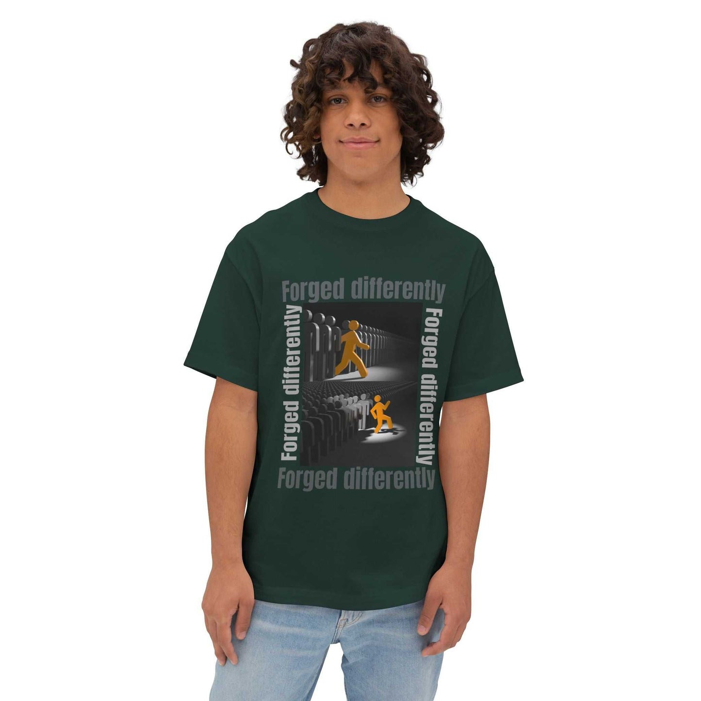 Unisex oversized tee in dark green with "Forged Differently" graphic design, casual relaxed fit cotton shirt for men and women