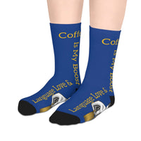 Blue Language Love Mid-length Socks with coffee-themed text and black heels and toes, lightweight polyester cozy wear for coffee lovers