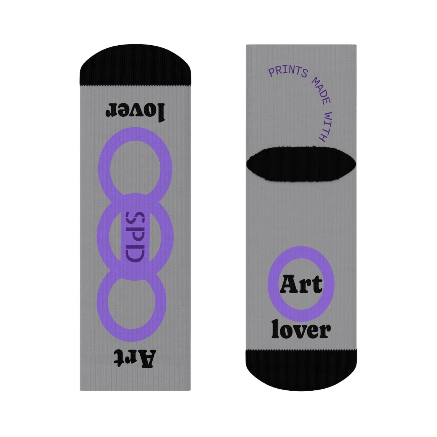 Gray socks with purple and black text and symbols on a white background