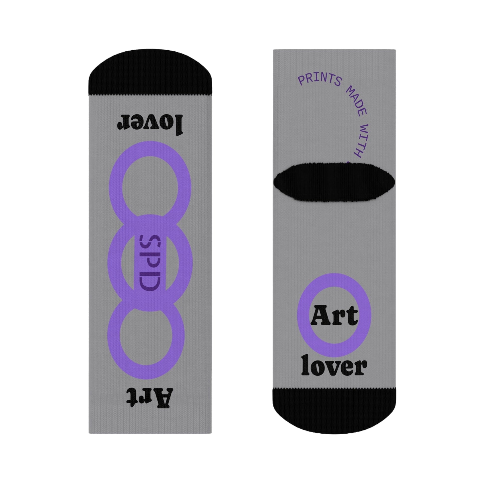 Gray socks with purple and black text and symbols on a white background