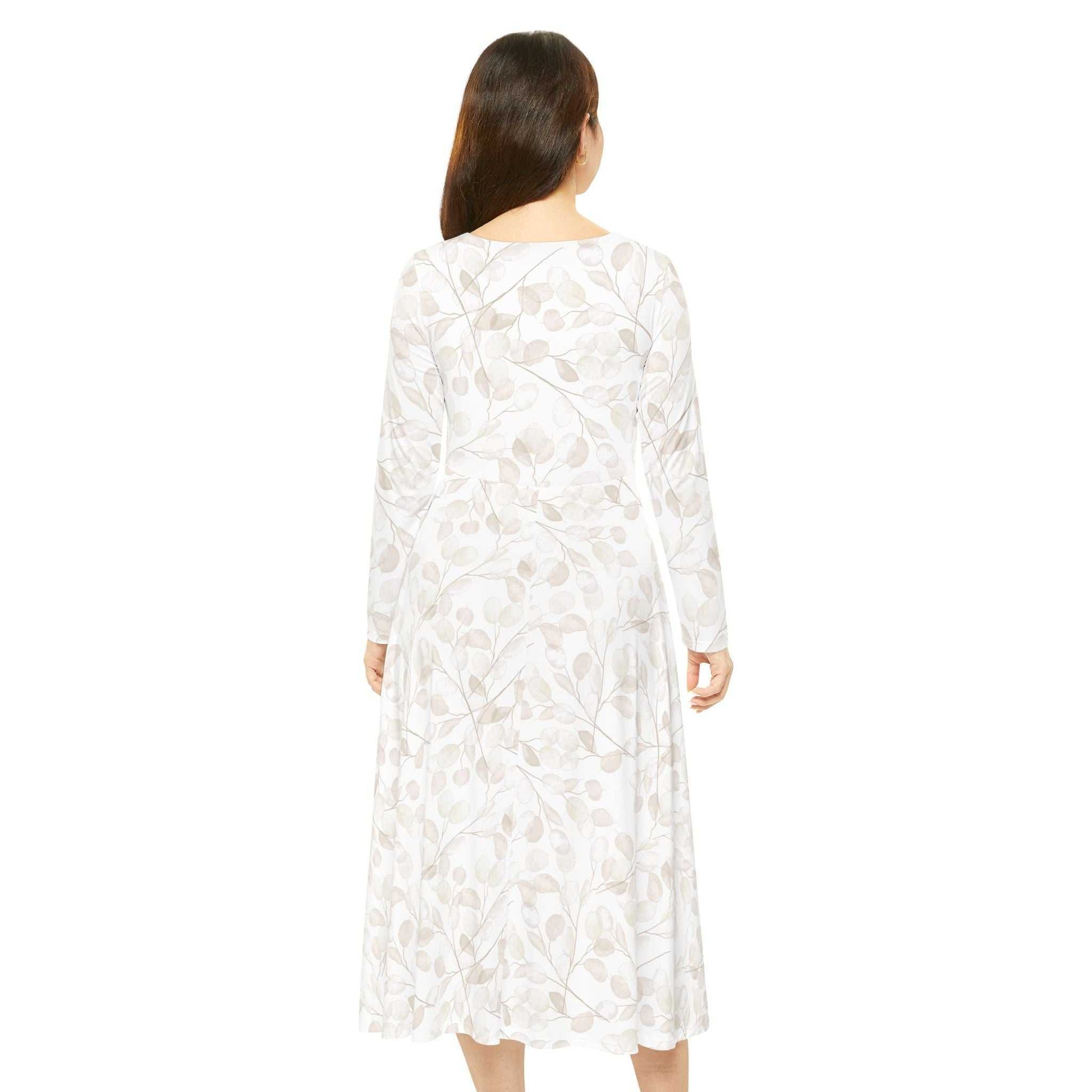 Women's long sleeve dance dress in white with beige leaf pattern, regular fit, high-cut scoop neckline, breathable polyester fabric.
