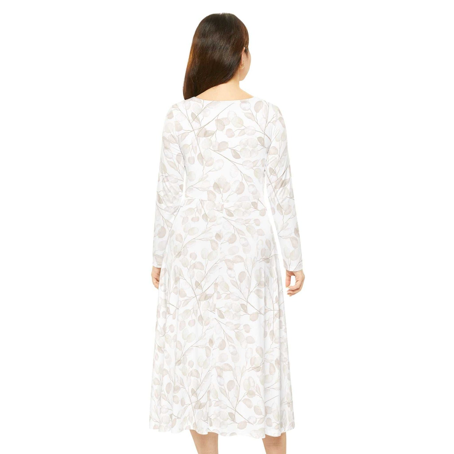 Women's long sleeve dance dress in white with beige leaf pattern, regular fit, high-cut scoop neckline, breathable polyester fabric.
