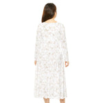 Women's long sleeve dance dress in white with beige leaf pattern, regular fit, high-cut scoop neckline, breathable polyester fabric.