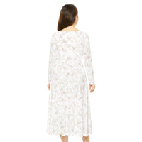 Women's long sleeve dance dress in white with beige leaf pattern, regular fit, high-cut scoop neckline, breathable polyester fabric.