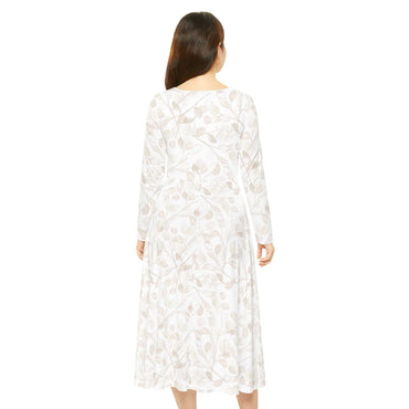 Women's long sleeve dance dress in white with beige leaf pattern, regular fit, high-cut scoop neckline, breathable polyester fabric.