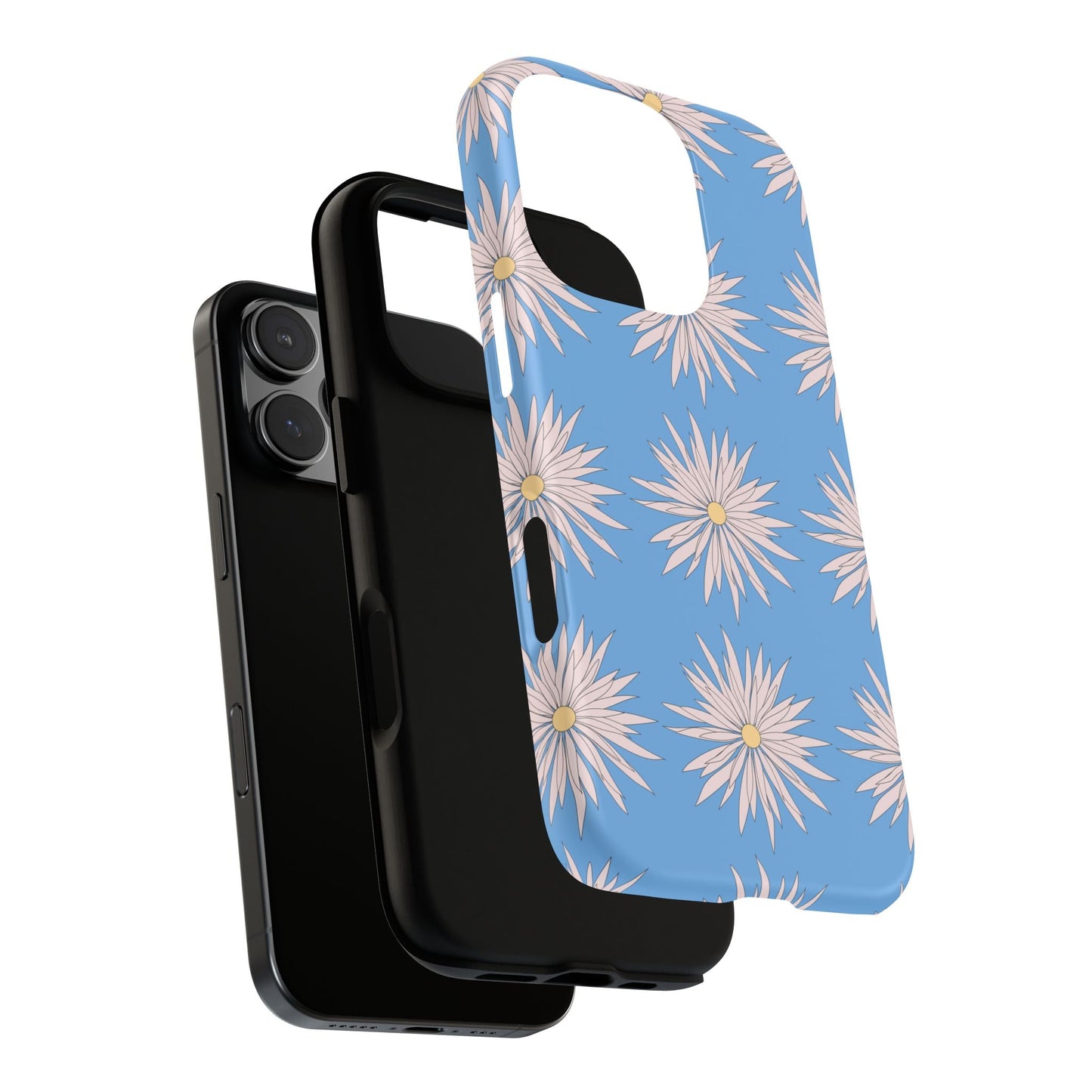 Blue phone case with white daisy pattern and shock-absorbing protection for smartphones