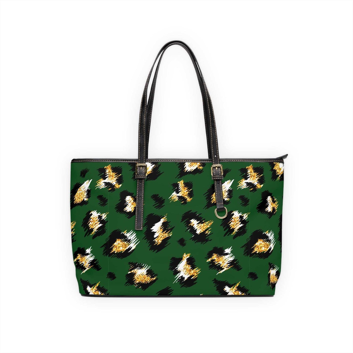 Stylish leopard print shoulder bag in green PU leather with black handles and gold hardware