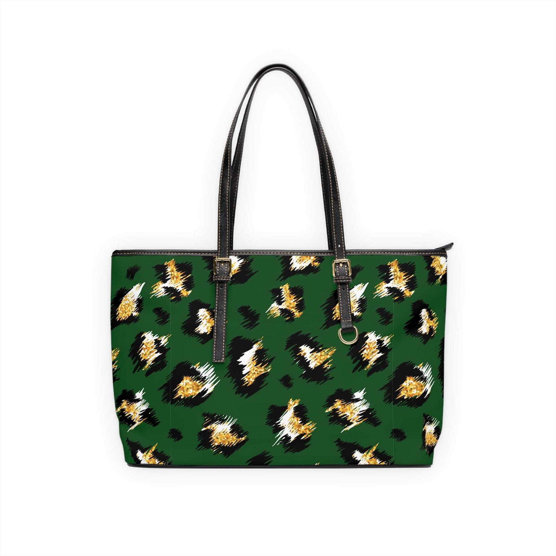 Stylish leopard print shoulder bag in green PU leather with black handles and gold hardware