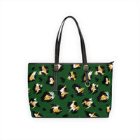 Stylish leopard print shoulder bag in green PU leather with black handles and gold hardware