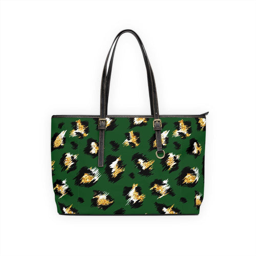 Stylish leopard print shoulder bag in green PU leather with black handles and gold hardware