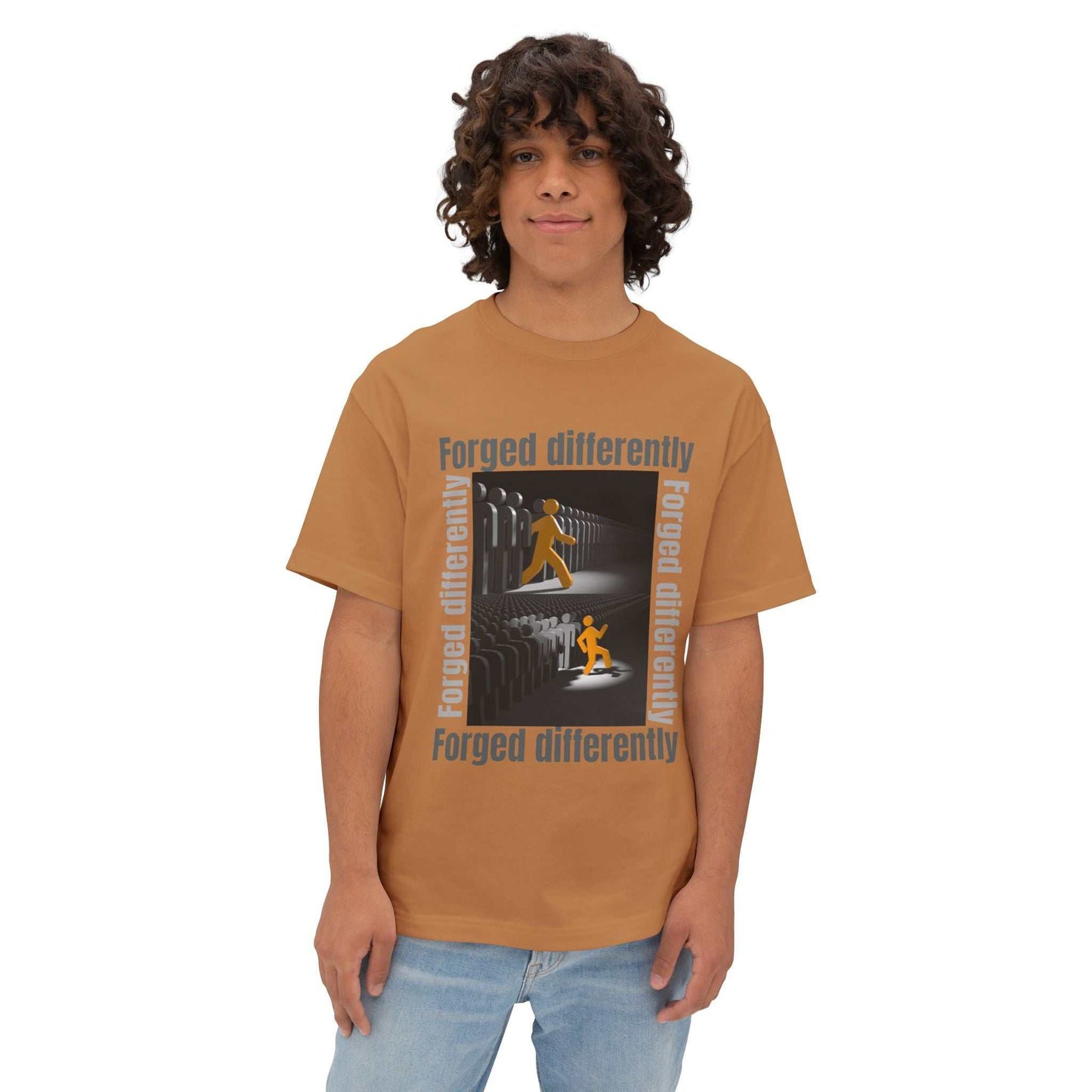 Unisex oversized tee in brown with "Forged Differently" graphic design, casual relaxed fit shirt