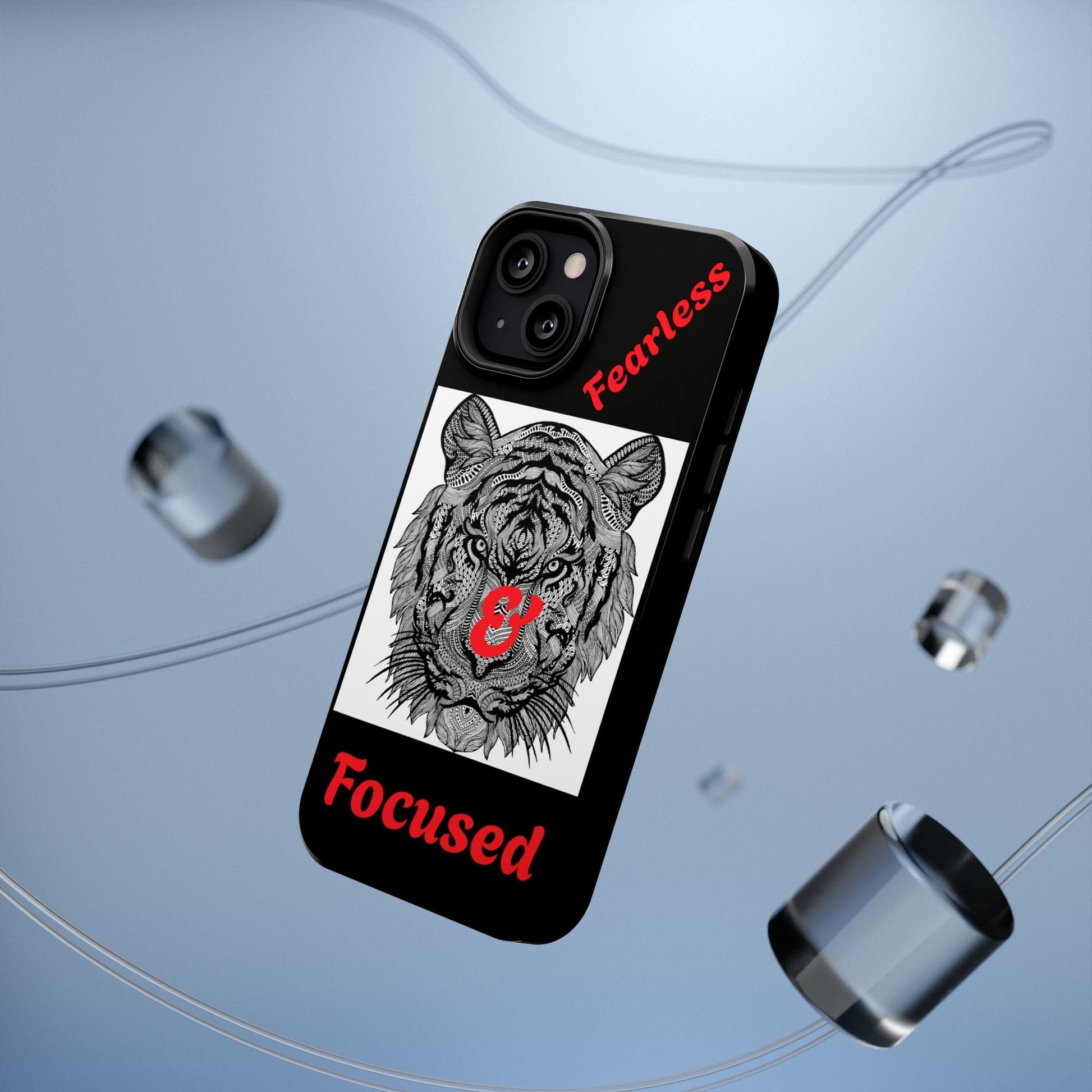 Black tiger phone case with detailed tiger face and red "Fearless & Focused" text design