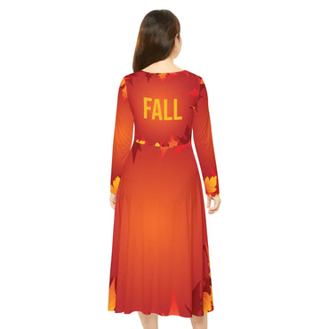 Back view of fall-inspired women's long sleeve dance dress with autumn leaves design and "FALL" text