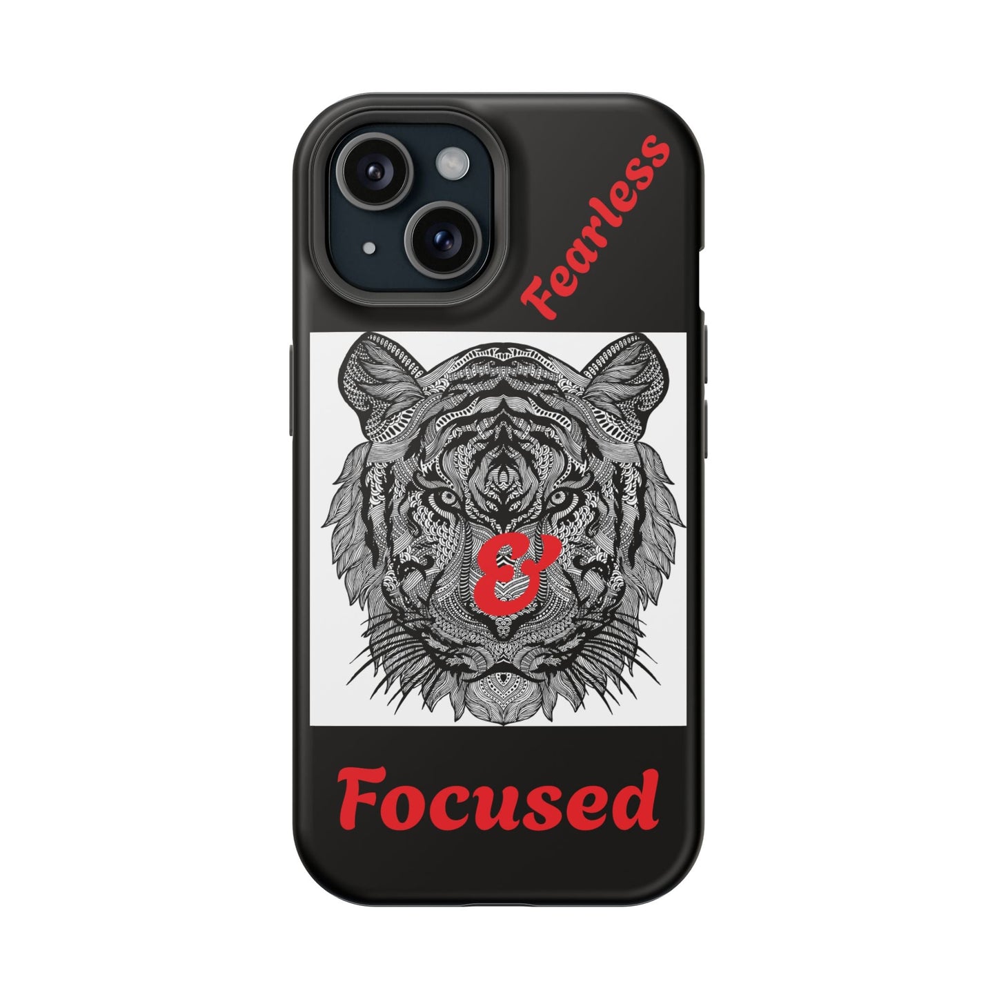 Black Tiger Phone Case with intricate tiger illustration and red "Fearless & Focused" text, impact-resistant dual-layer protective design, supports wireless charging