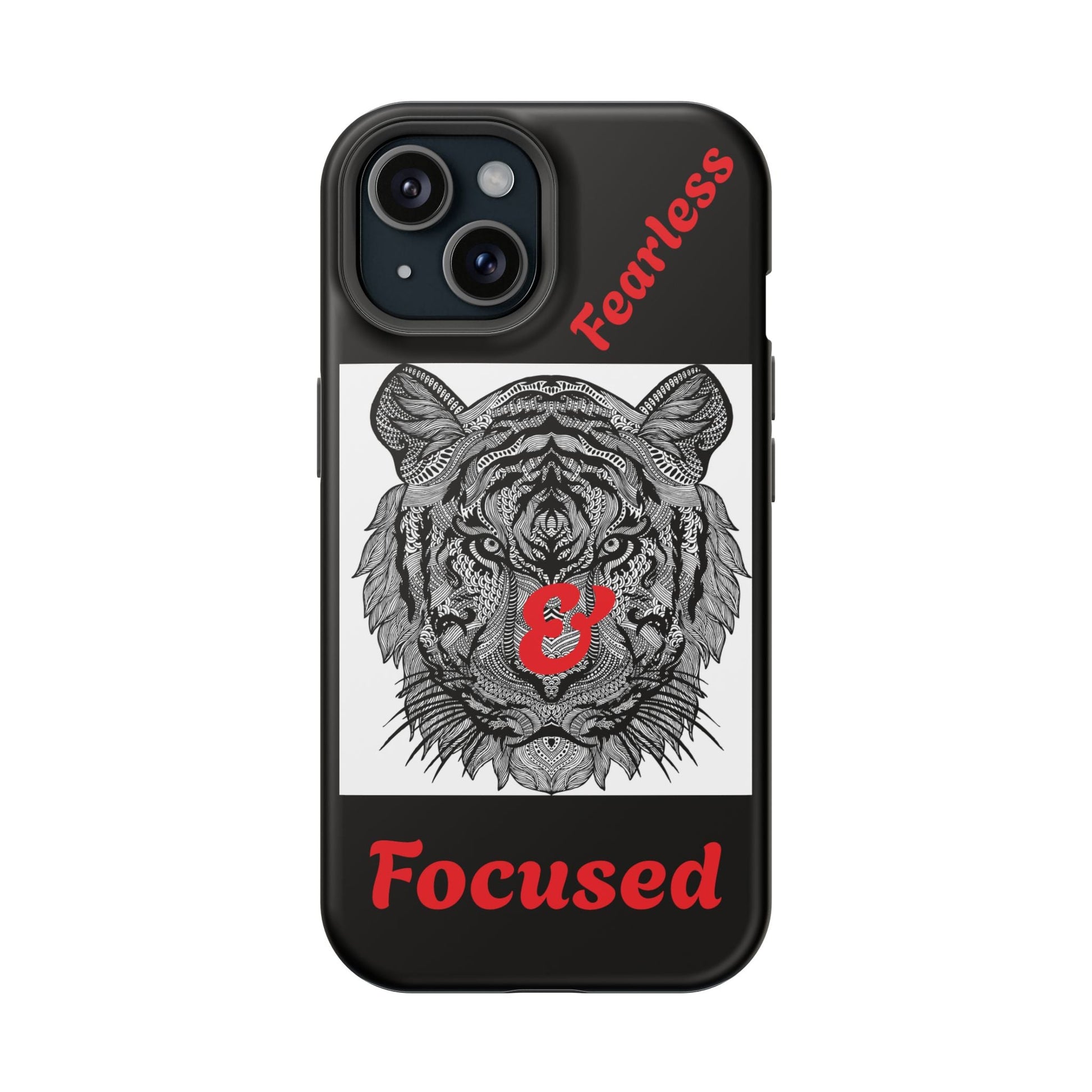 Black Tiger Phone Case with intricate tiger illustration and red "Fearless & Focused" text, impact-resistant dual-layer protective design, supports wireless charging