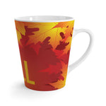Colorful fall latte mug with autumn leaves design and ergonomic C-handle, 12oz capacity, microwave and dishwasher safe.