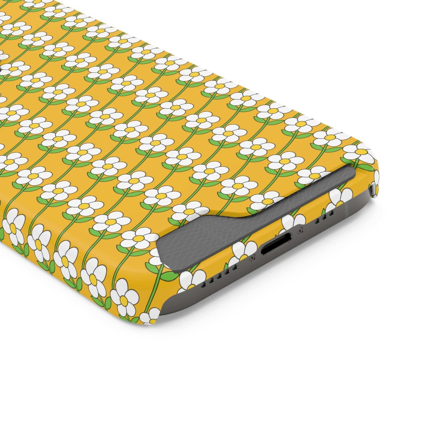 Floral phone case with white flowers on yellow background and built-in card holder slot