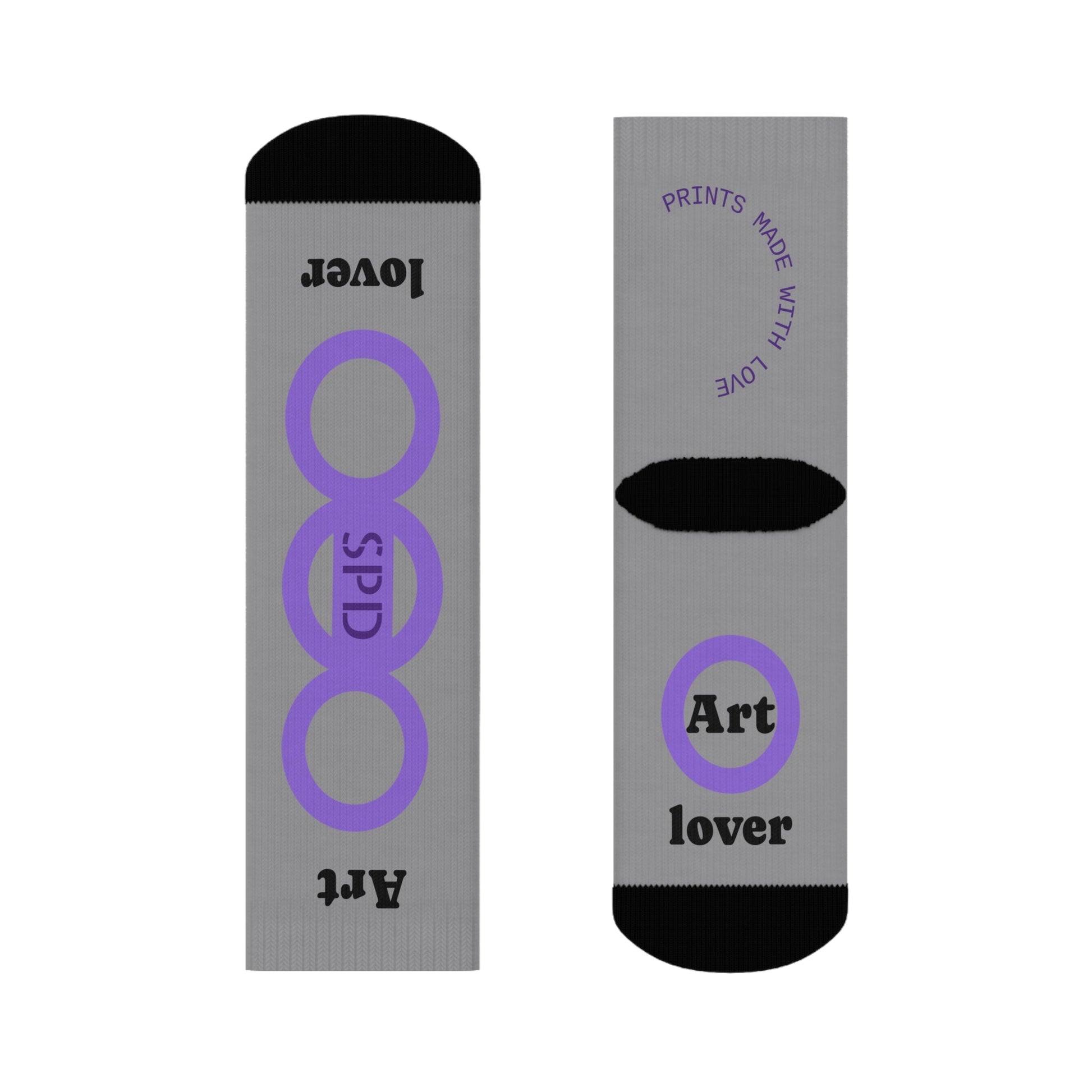 Two gray socks with purple and black text and symbols on a white background