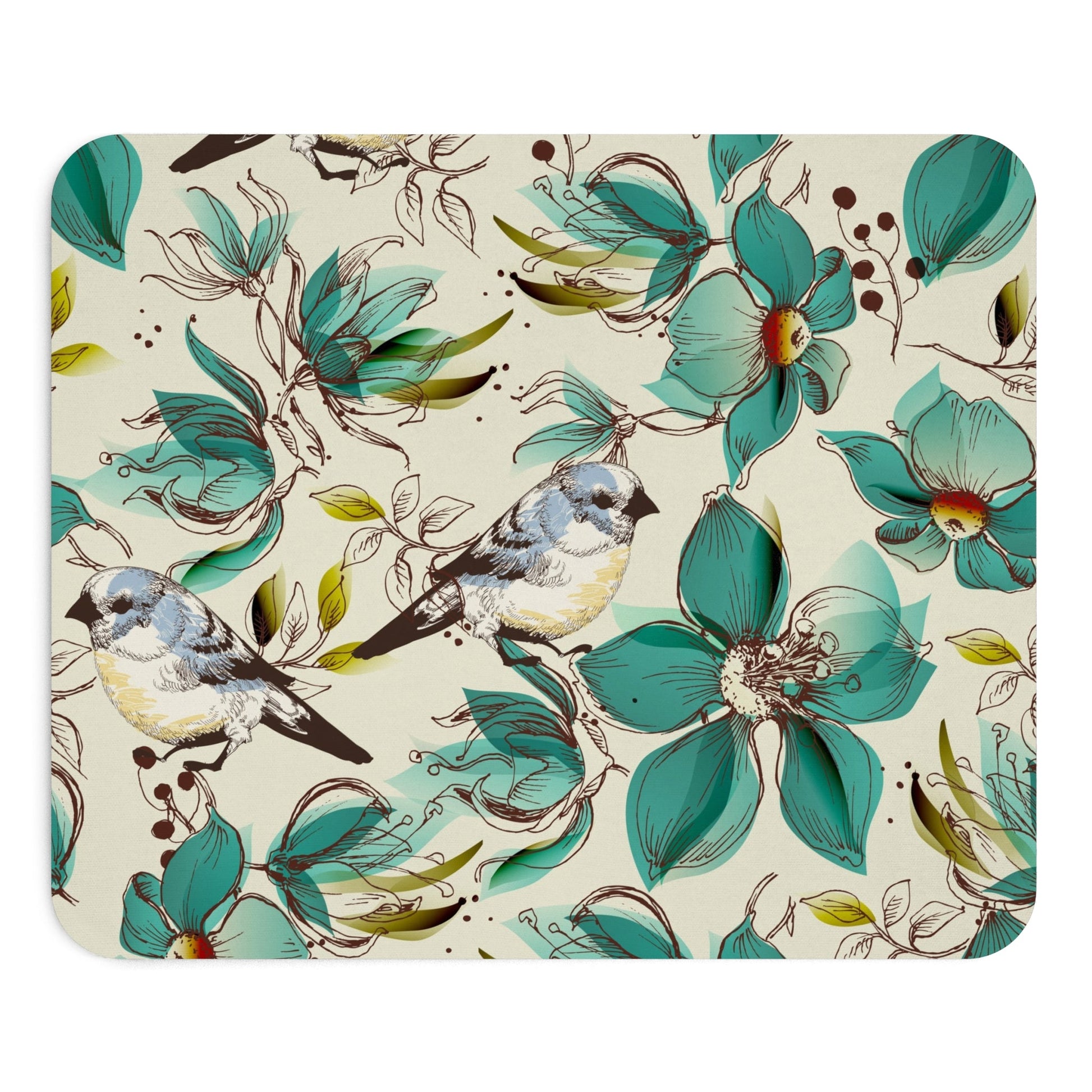 Mouse pad with teal floral and bird animal print design for stylish office decor and gifting