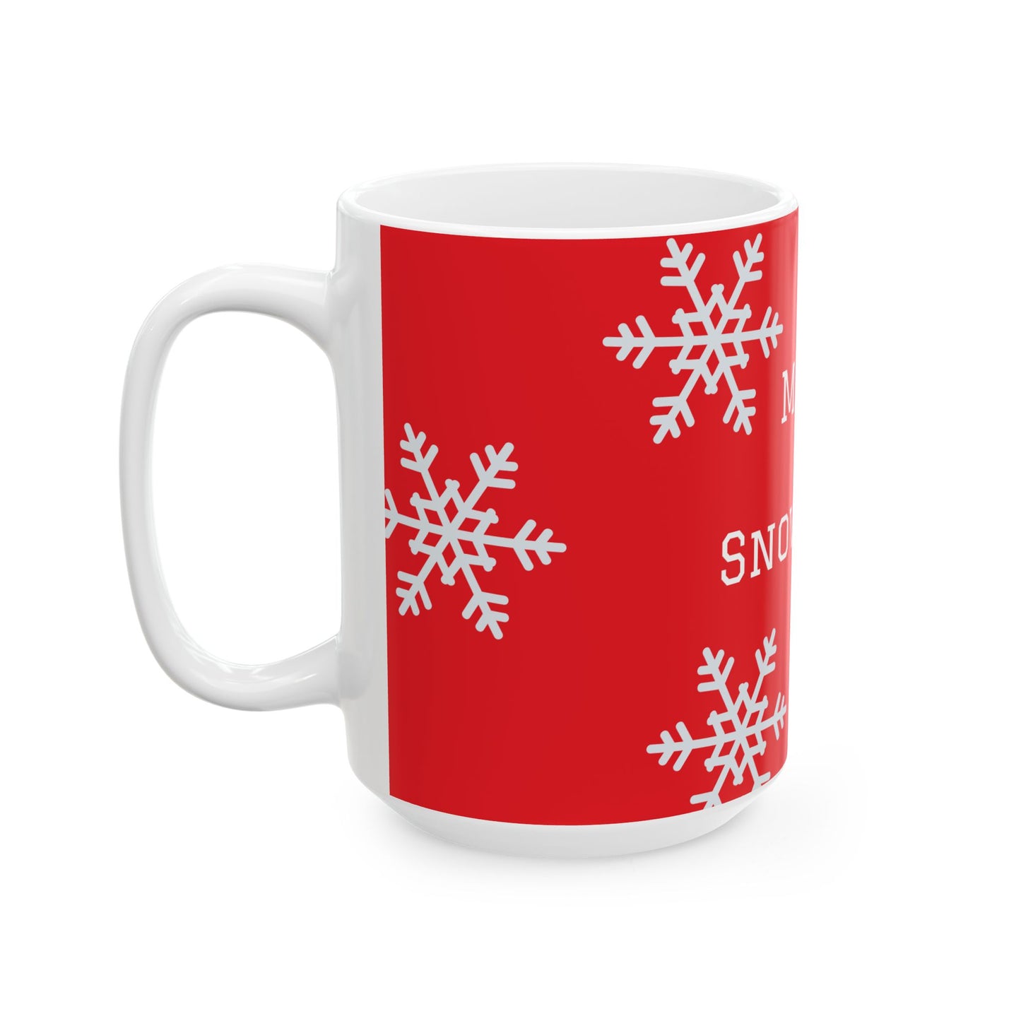 Merry Snowflakes Ceramic Mug — Red Holiday Coffee Cup (11oz & 15oz)