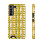 Slim floral phone case with white flower pattern on yellow background and built-in card holder slot