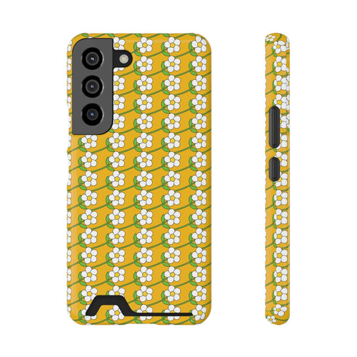 Slim floral phone case with white flower pattern on yellow background and built-in card holder slot