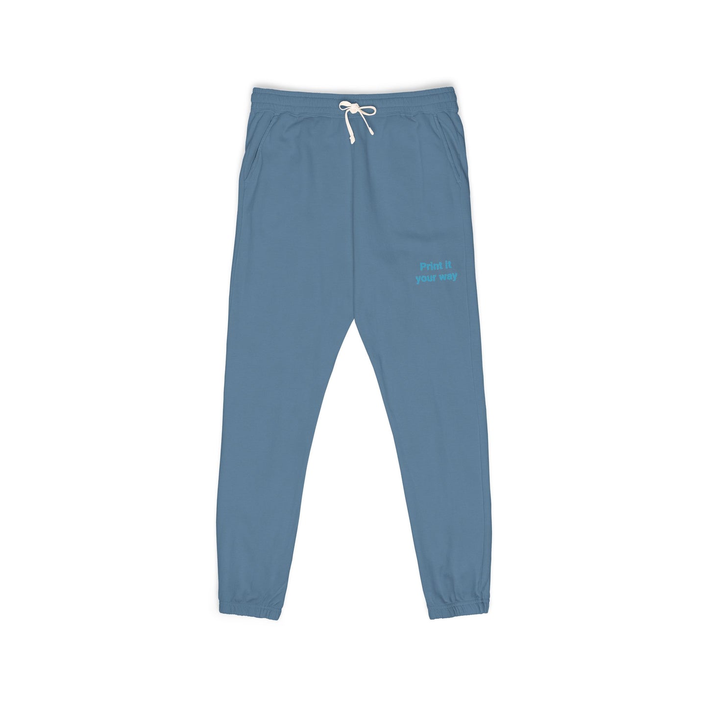 Blue sweatpants with a logo on a white background