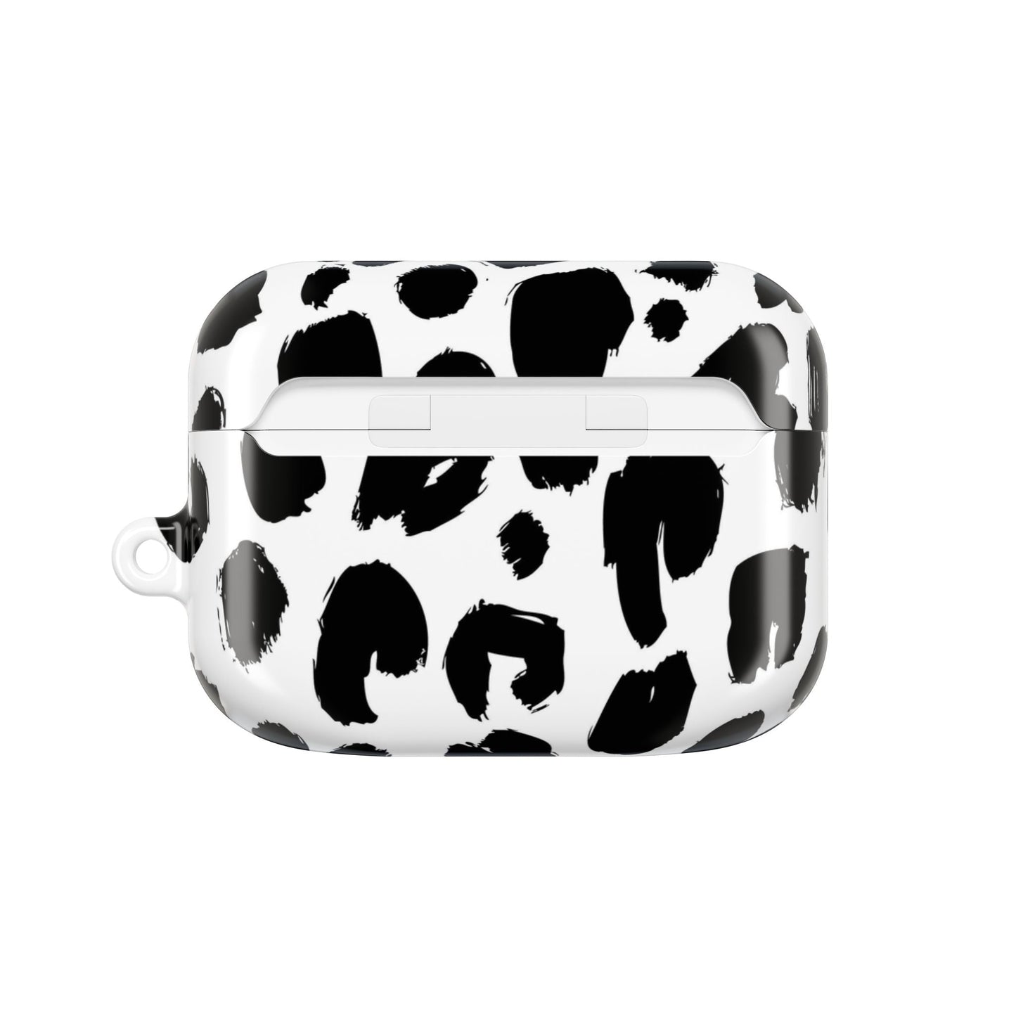 Slim lightweight AirPod case in black and white cow print with glossy scratch-resistant polycarbonate and carabiner clip