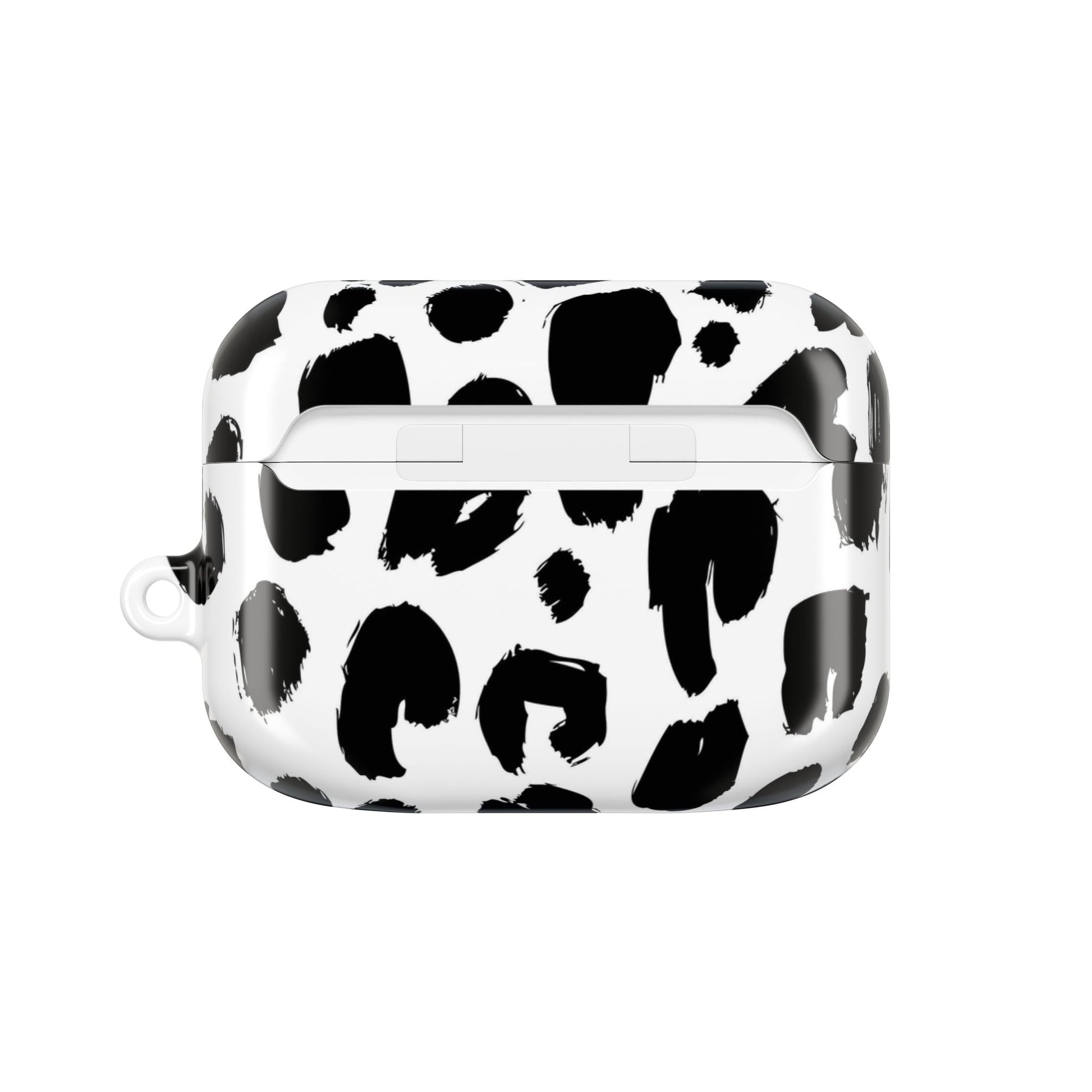 Slim lightweight AirPod case in black and white cow print with glossy scratch-resistant polycarbonate and carabiner clip