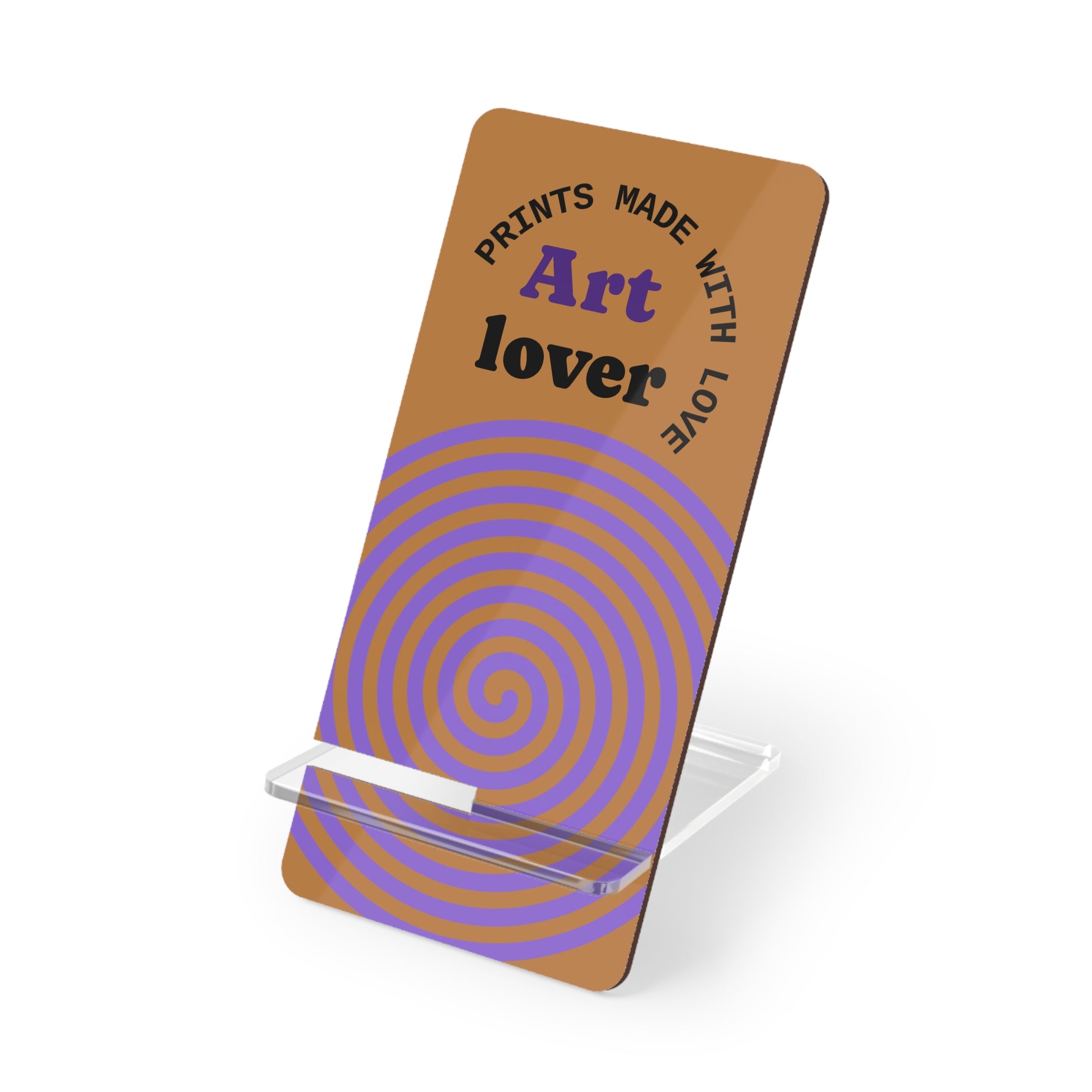Phone stand with 'Art lover' text and purple spiral design on a brown background